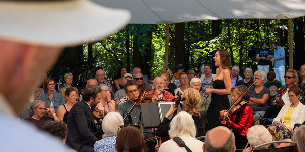 Bezoekers luisteren naar de muzikanten op Buitengewoon Klassiek in het park